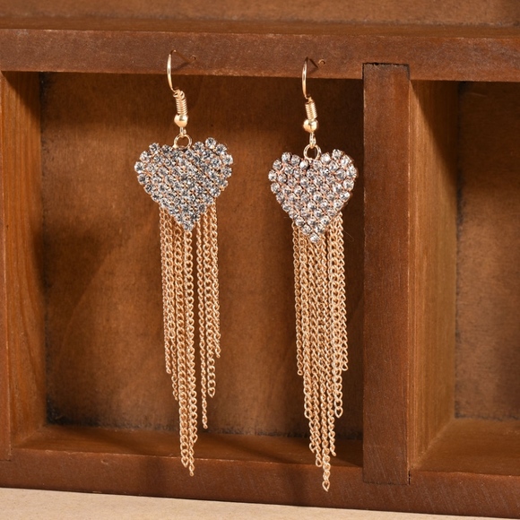 Jewelry - Rhinestone Hearts Tassel Cascade Gold Earrings